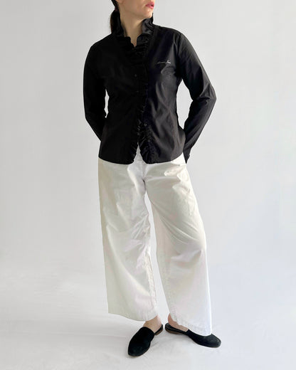 90s Armani Black Cotton Ruffle Blouse