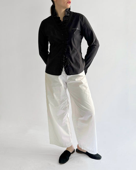 90s Armani Black Cotton Ruffle Blouse