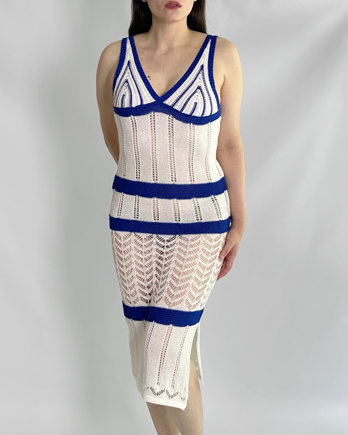 Vintage White and Blue Knit Summer Dress
