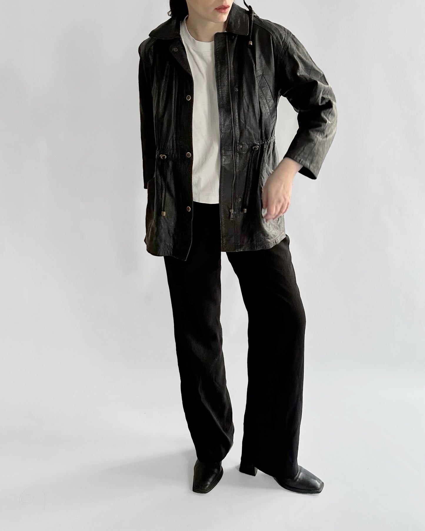 1990s Italian Black Leather Hooded Jacket