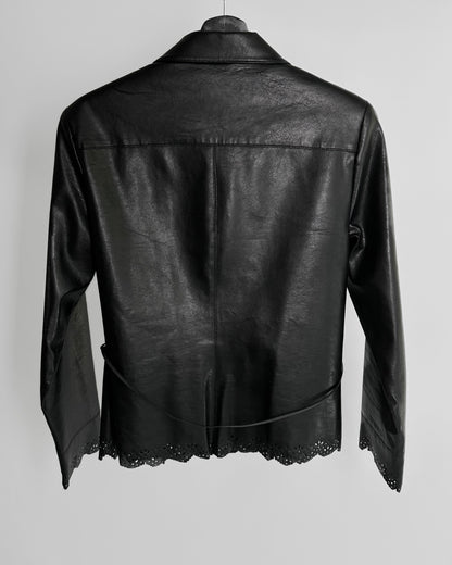 90s Black Eco Leather Skirt Suit