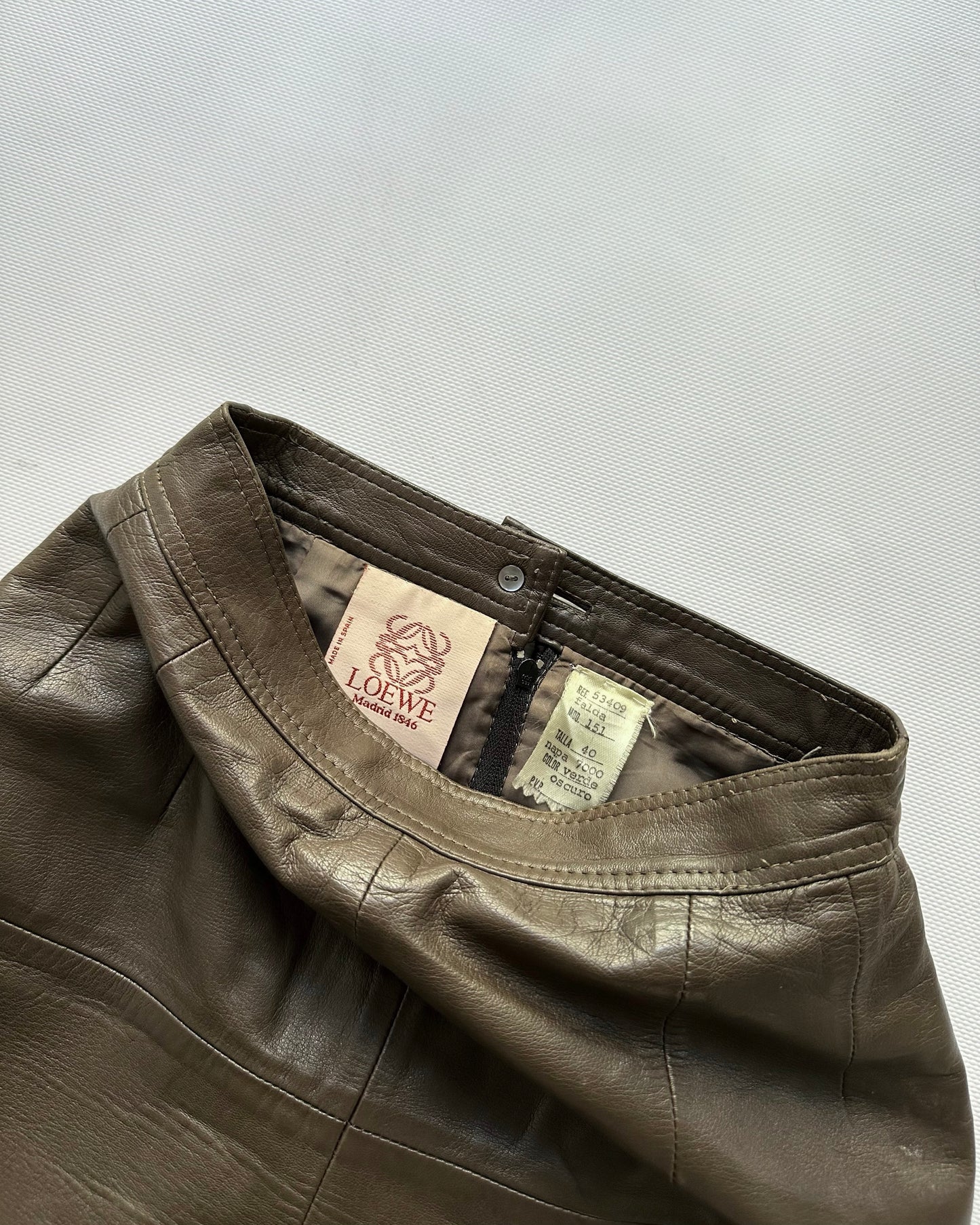 Vintage 1980s Loewe Olive Green Leather Midi Skirt