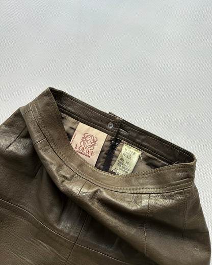 Vintage 1980s Loewe Olive Green Leather Midi Skirt