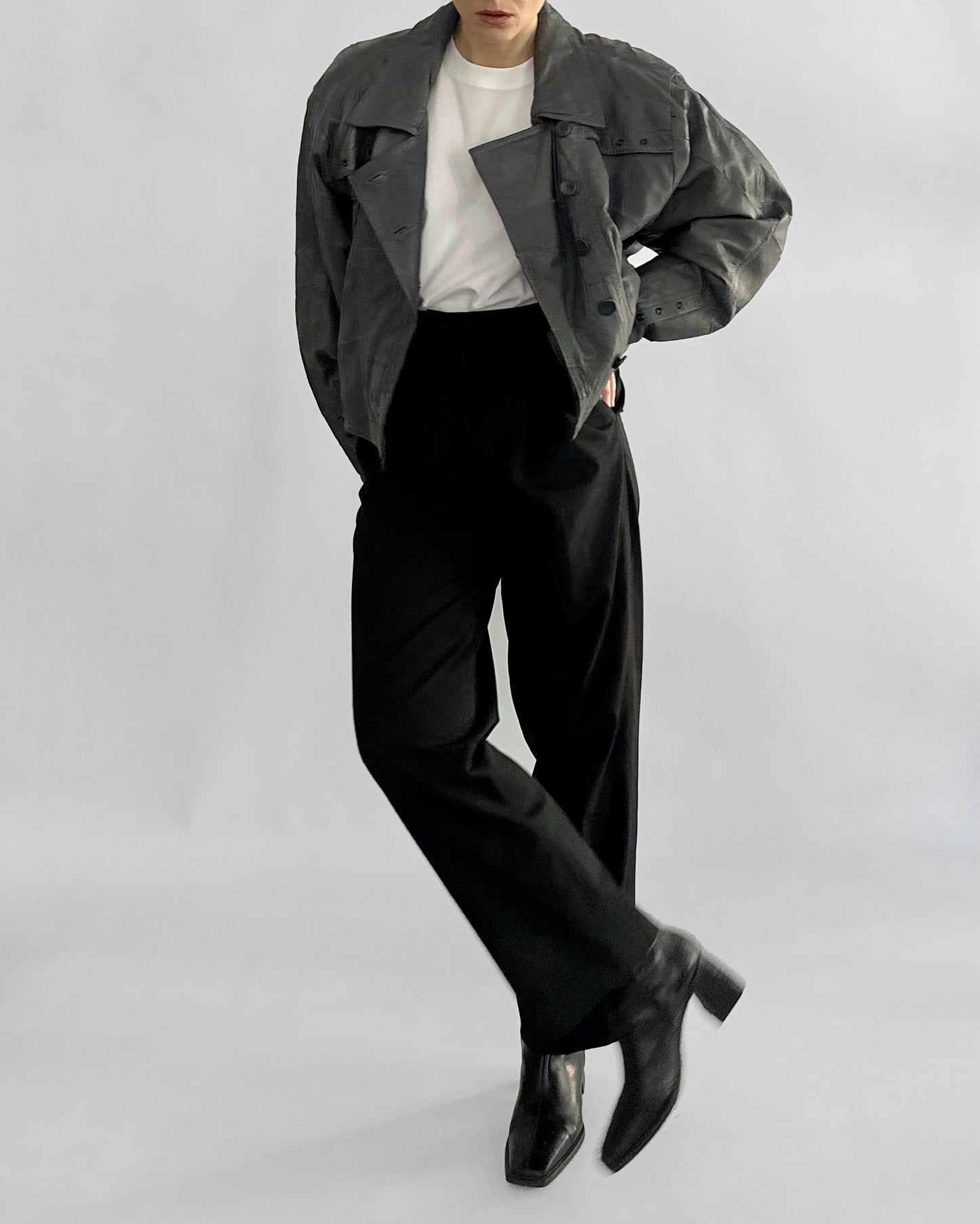 80s Grey Patchwork Leather Bomber Jacket