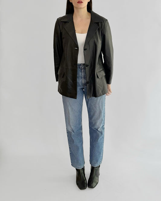 90s Black Sheepskin Leather Blazer