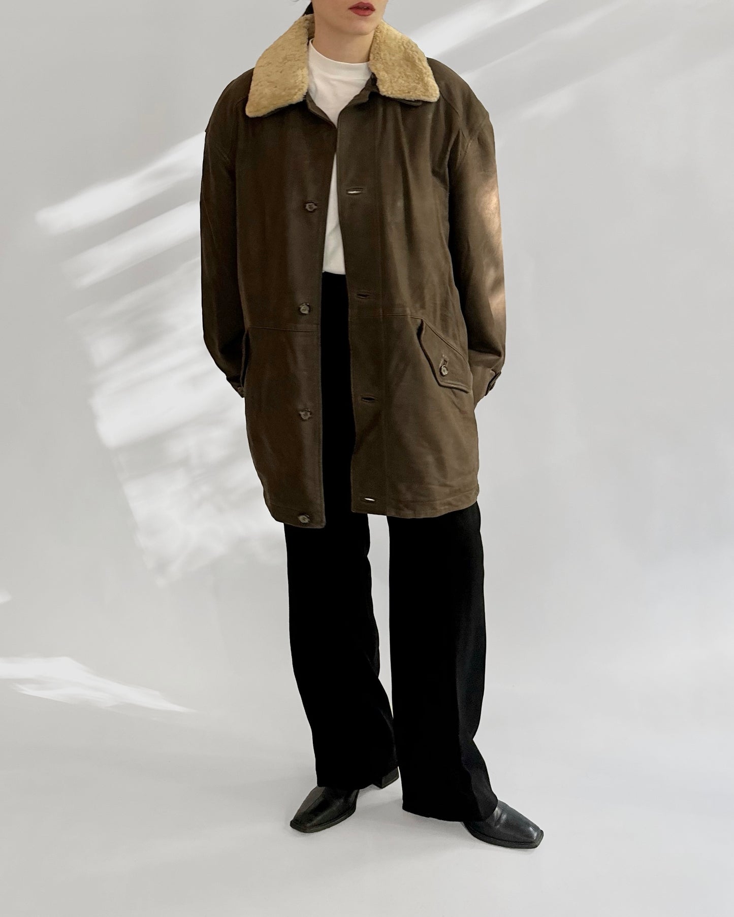 80s Brown Leather Jacket w/ Faux Shearling Collar