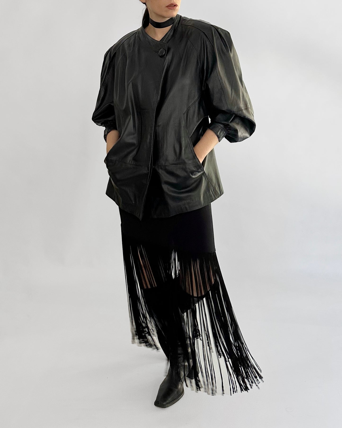 80s Black Puff Sleeve Sheep Leather Jacket