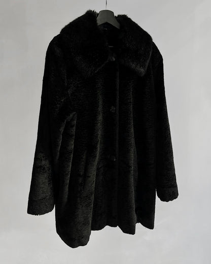 80s/90s Black Faux Fur Coat with Double Collar