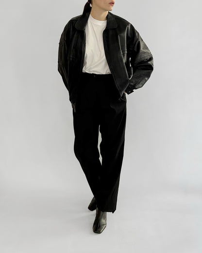 80s Black Sheepskin Leather Bomber Jacket
