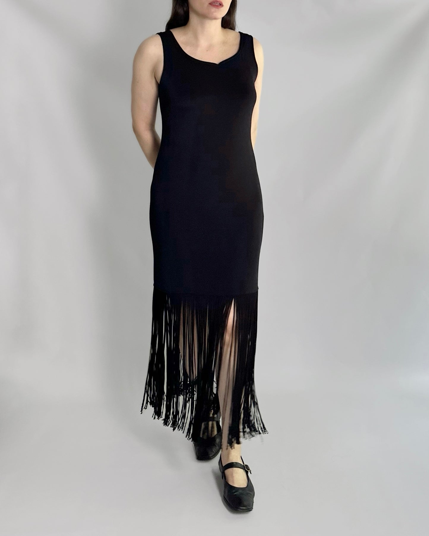 90s Black Fringe Hem Maxi Dress