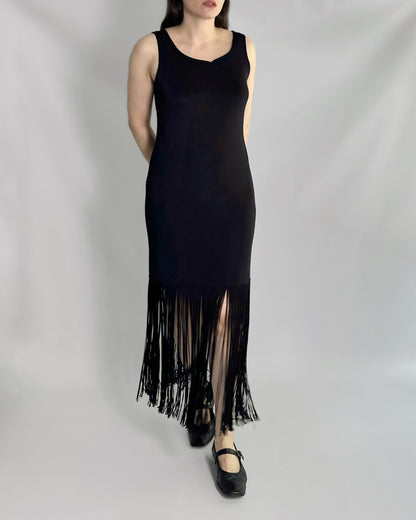 90s Black Fringe Hem Maxi Dress