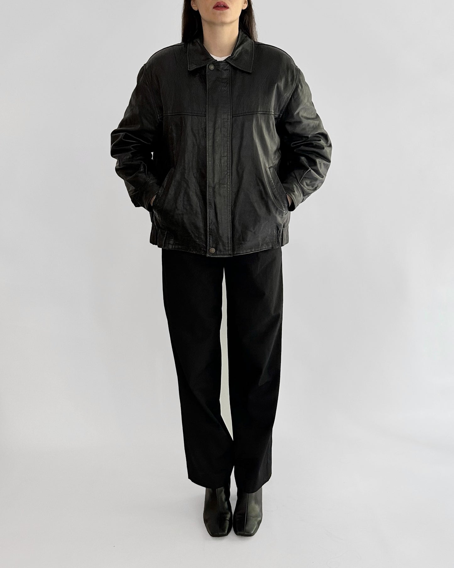 80s Black Leather Bomber Jacket