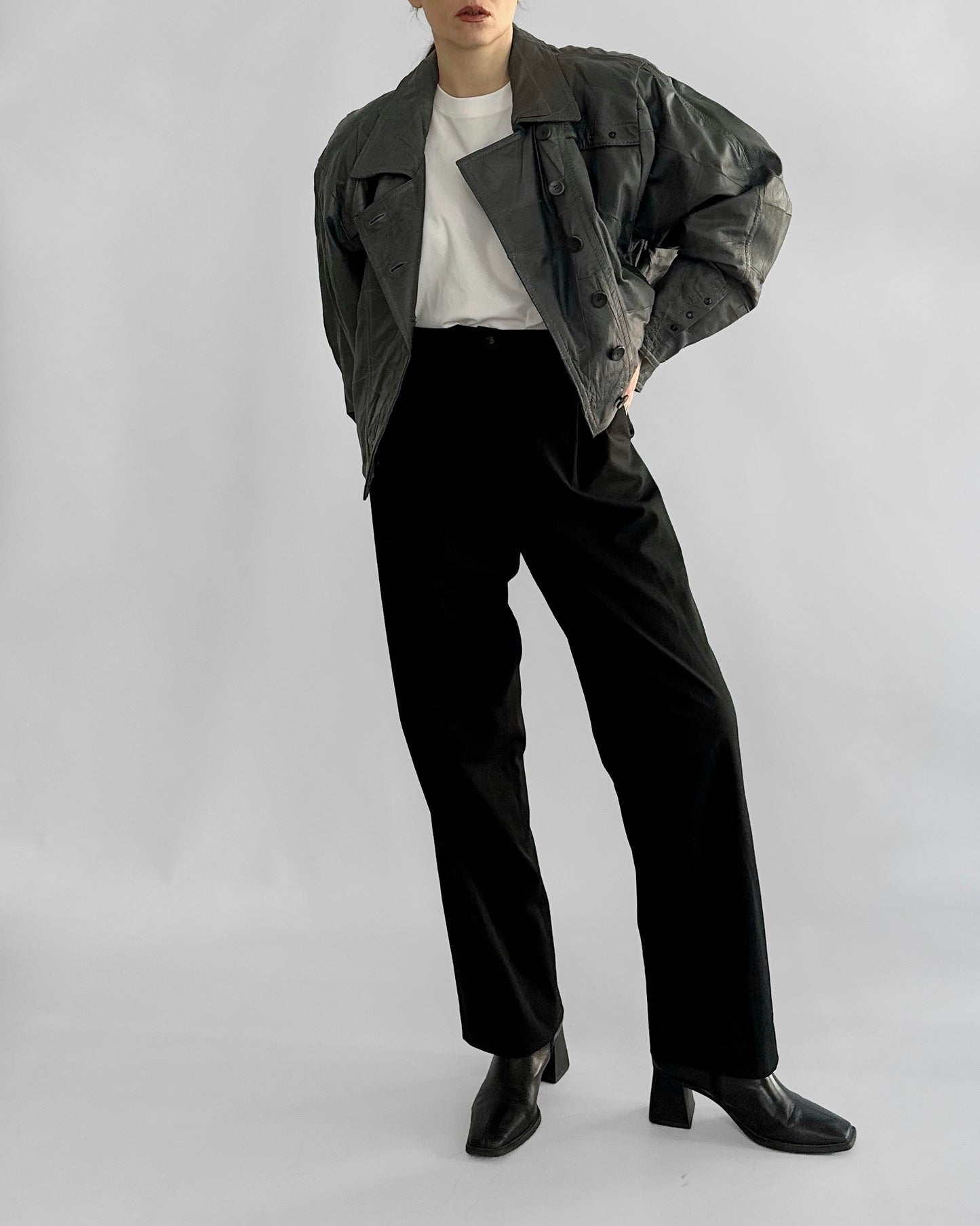 80s Grey Patchwork Leather Bomber Jacket