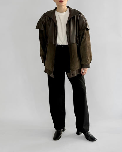 80s Brown Green Sheepskin Suede Leather Jacket