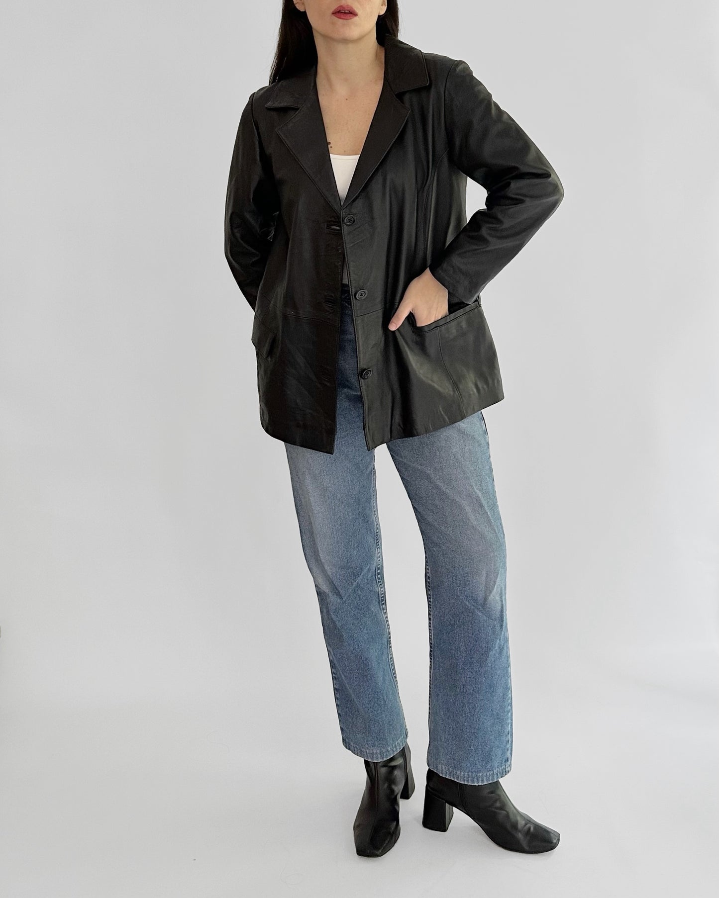 90s Black Sheepskin Leather Blazer
