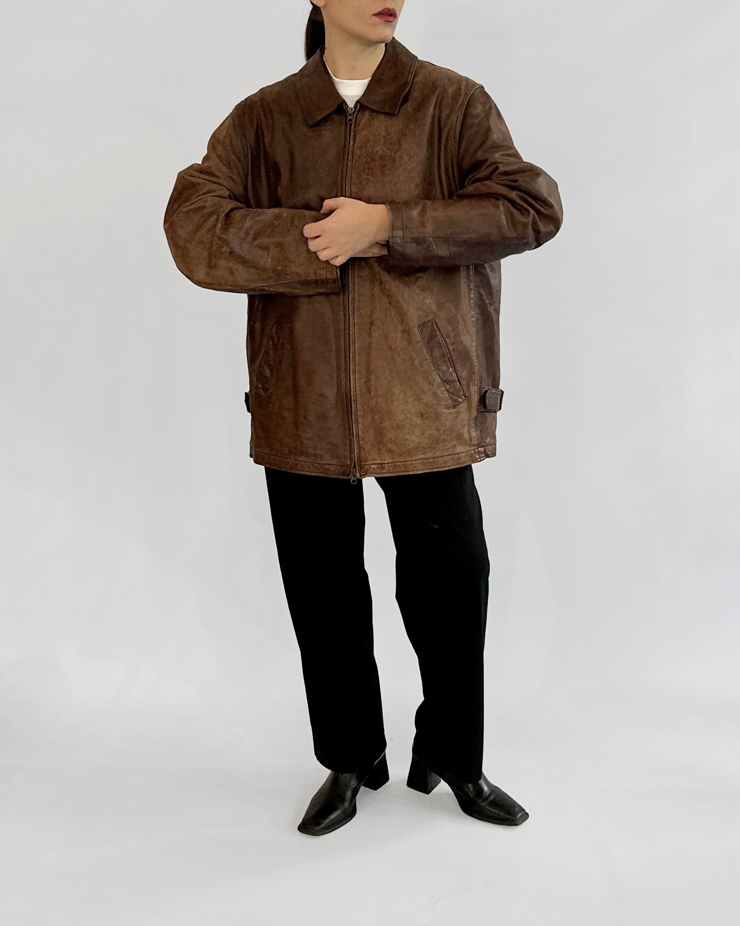 Y2K Distressed Brown Leather Zip-Up Jacket