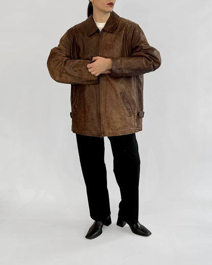 Y2K Distressed Brown Leather Zip-Up Jacket