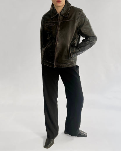 2000s Jack & Jones Black Distressed Leather Jacket