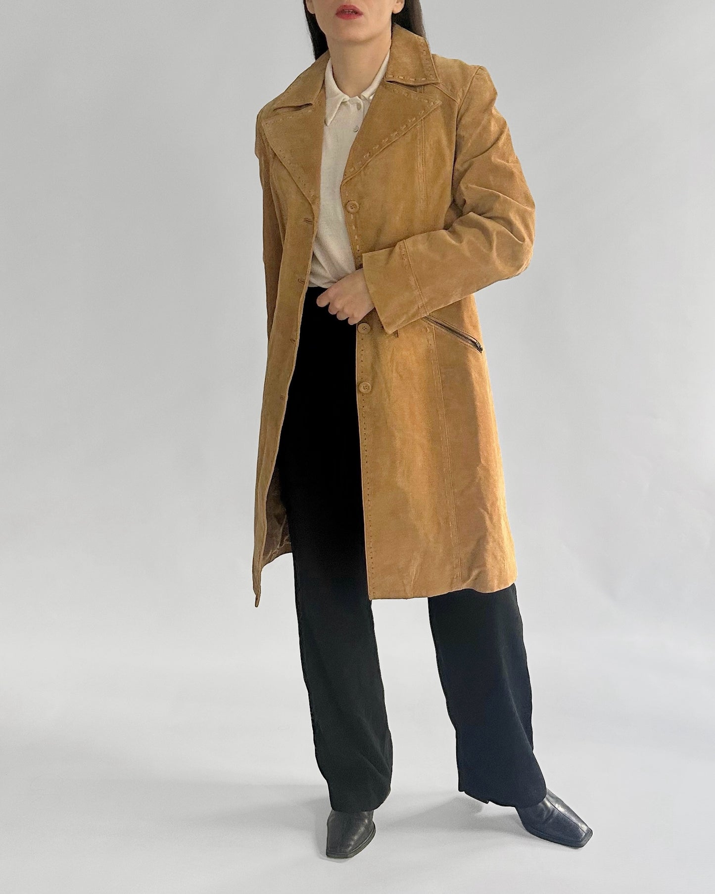 2000s Beige Suede Leather Coat