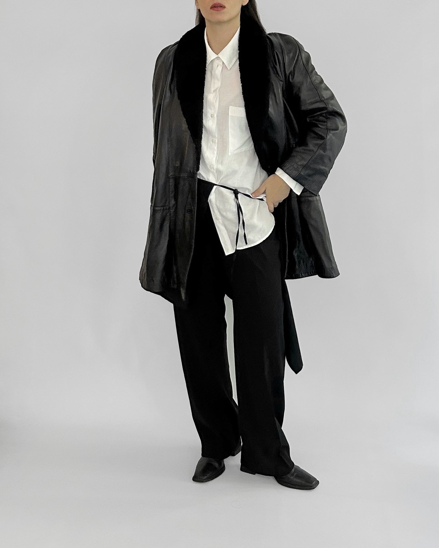 80s Black Leather Coat with Faux Fur Shawl Collar