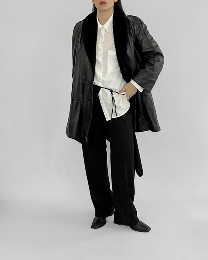 80s Black Leather Coat with Faux Fur Shawl Collar