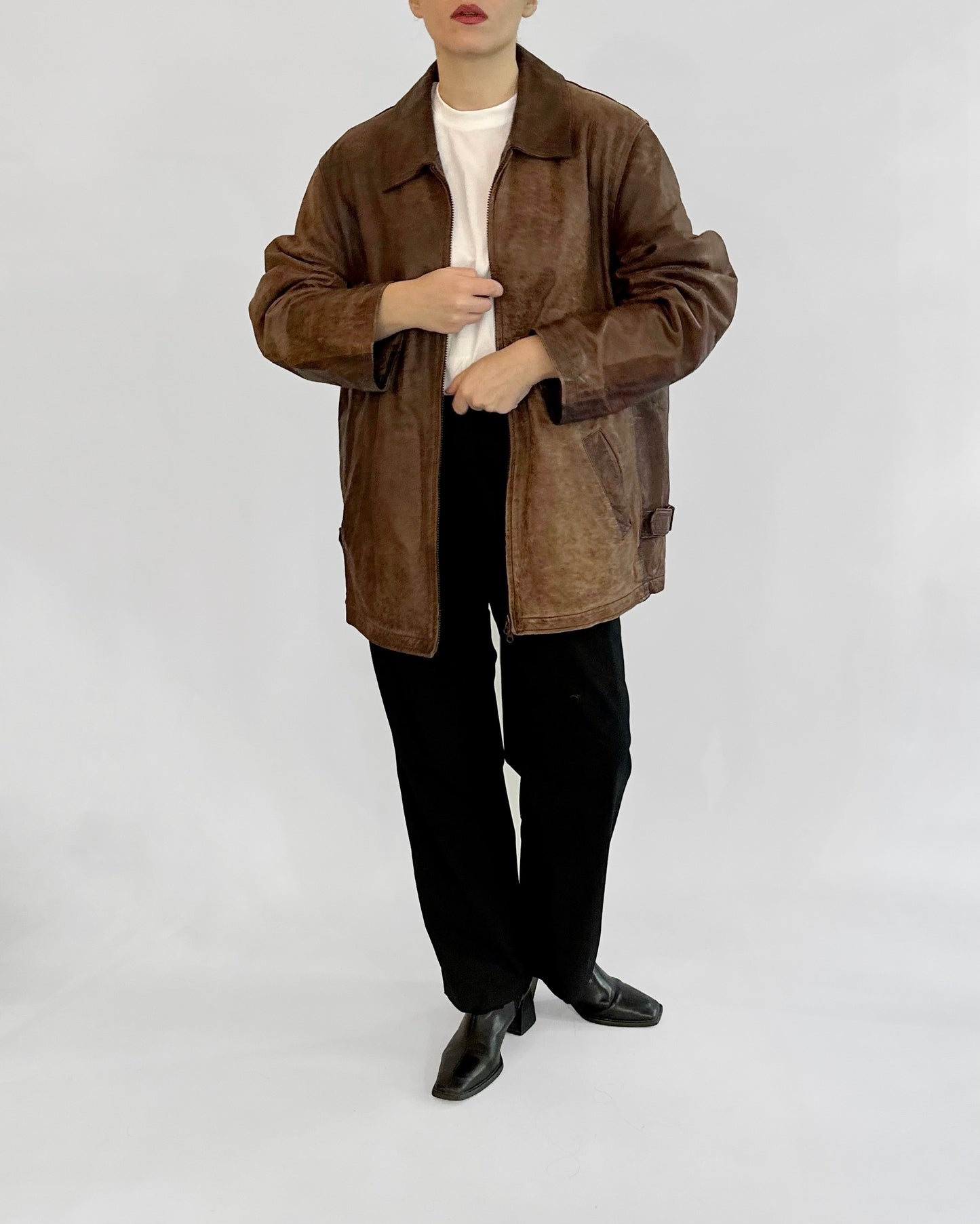 Y2K Distressed Brown Leather Zip-Up Jacket