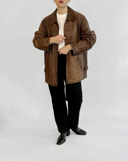 Y2K Distressed Brown Leather Zip-Up Jacket