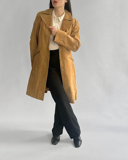 2000s Beige Suede Leather Coat