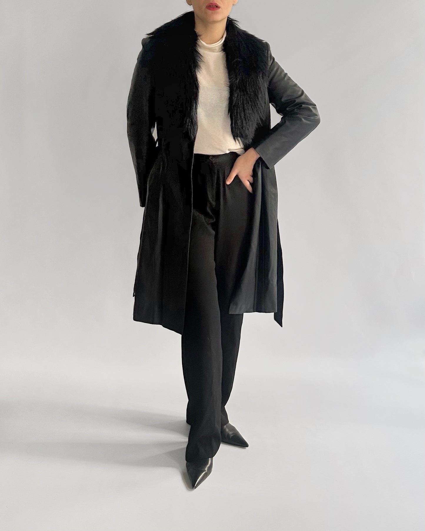 2000s Black Faux Leather Coat with Detachable Faux Fur Collar