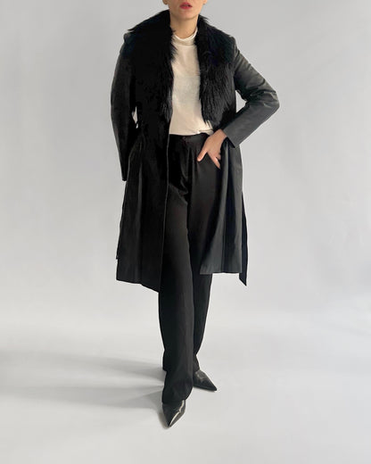 2000s Black Faux Leather Coat with Detachable Faux Fur Collar