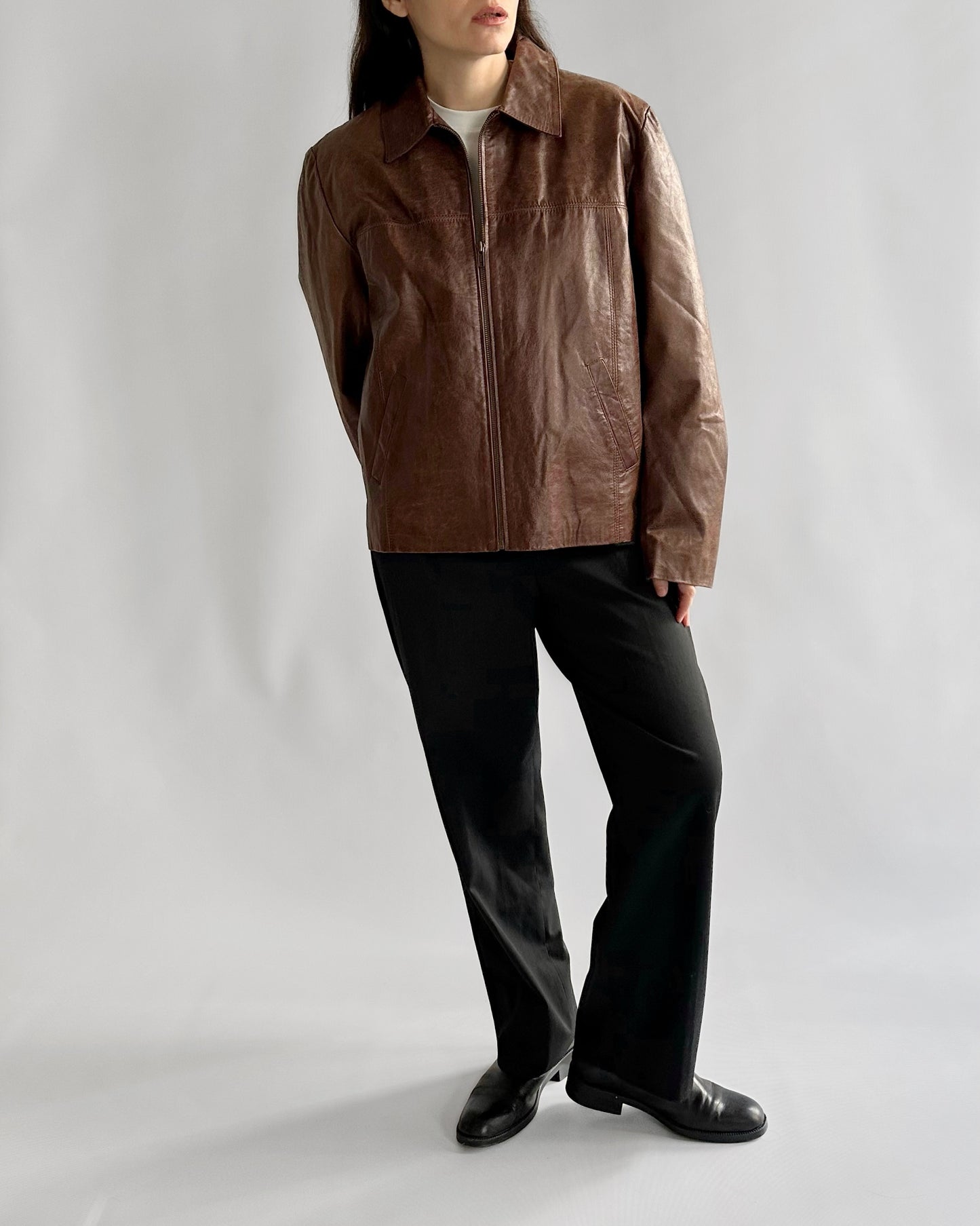 90s Brown Zip-Up Leather Jacket