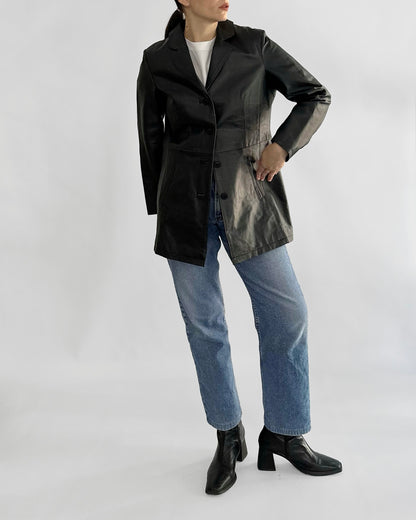 90s Black Midi Leather Blazer