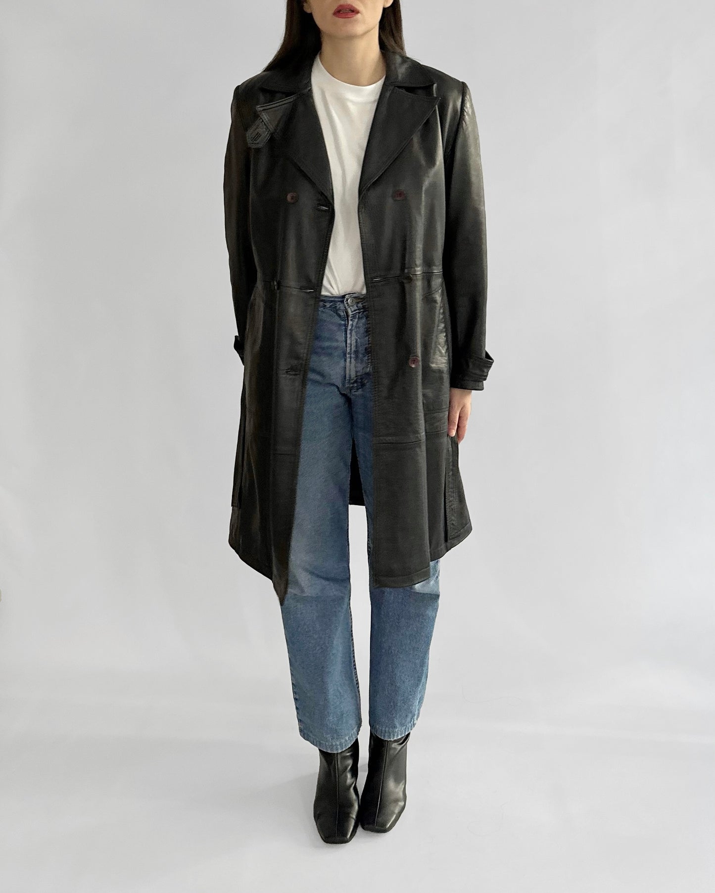 90s Black Nappa Leather Trench Coat