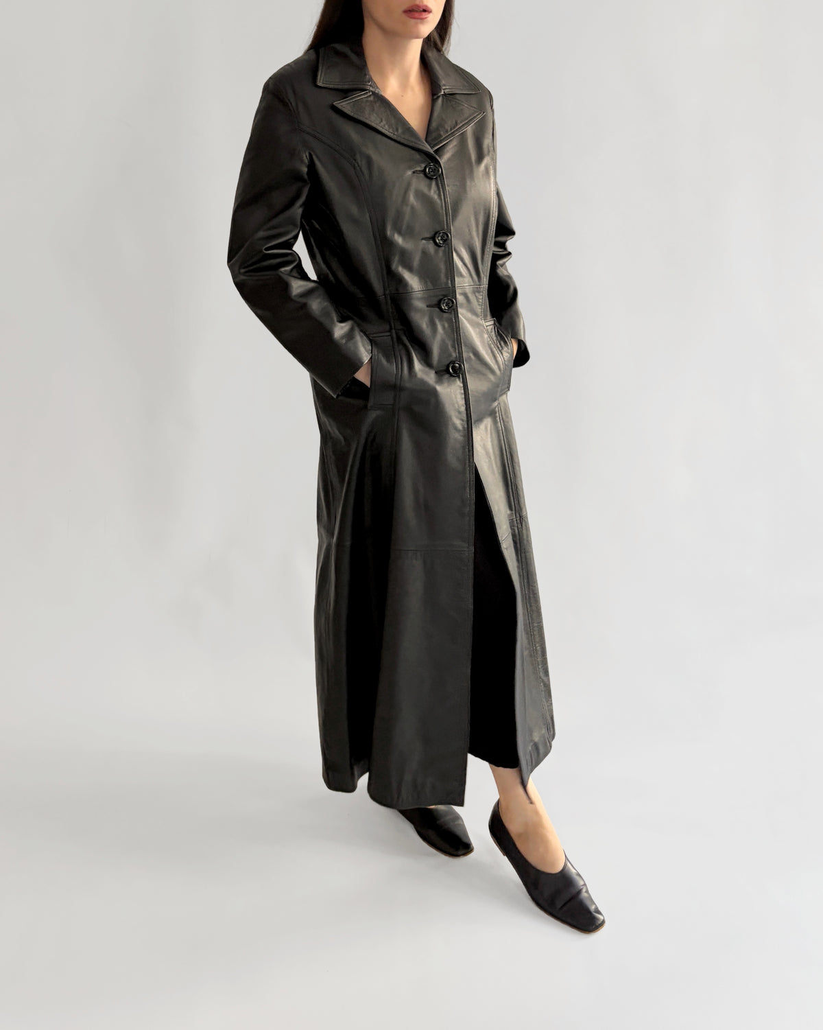 Vintage 1990s Black Italian Goatskin Leather Maxi Coat