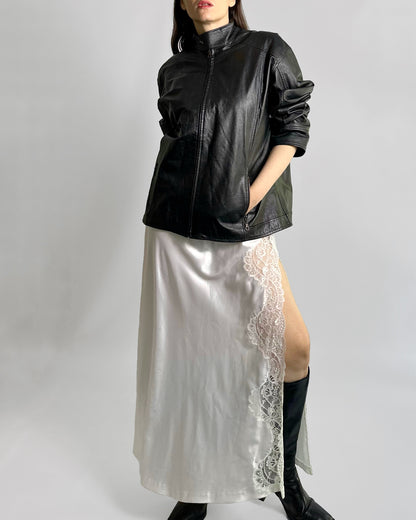 90s Black Leather Jacket – Minimalist Boxy Fit Moto Style