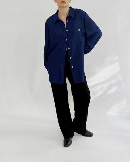 80s Royal Blue Button-Up Shirt with Back Tie