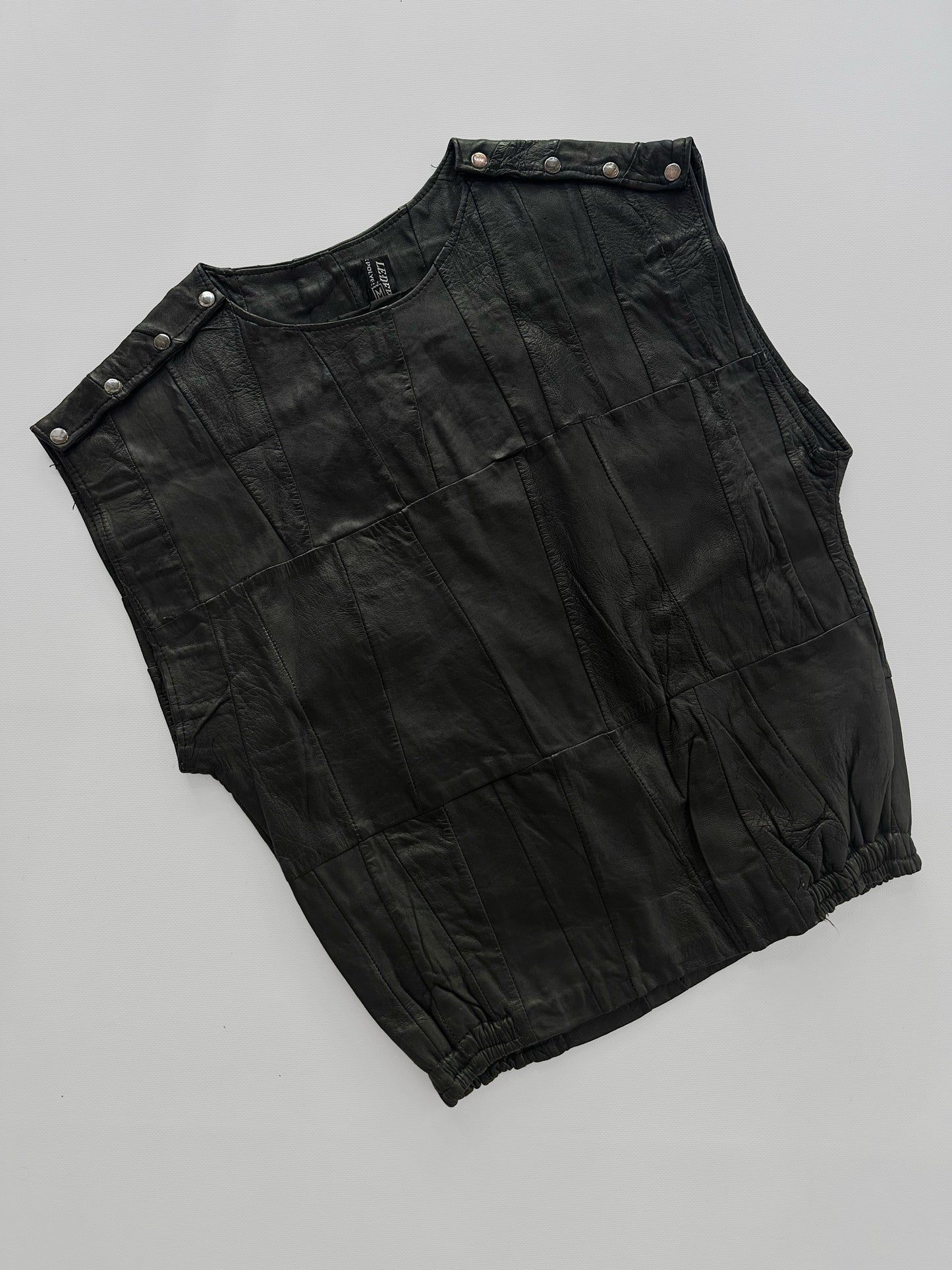 80s Black Patchwork Leather Waistcoat