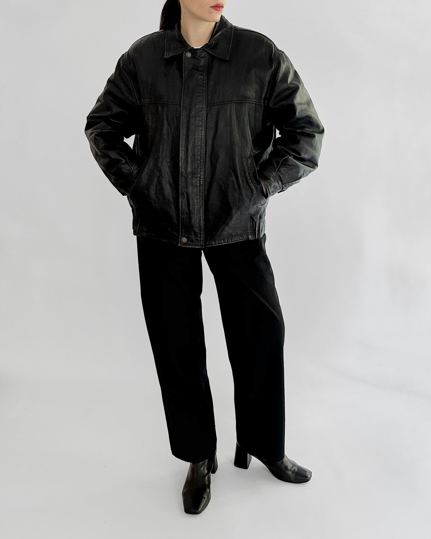 80s Black Leather Bomber Jacket