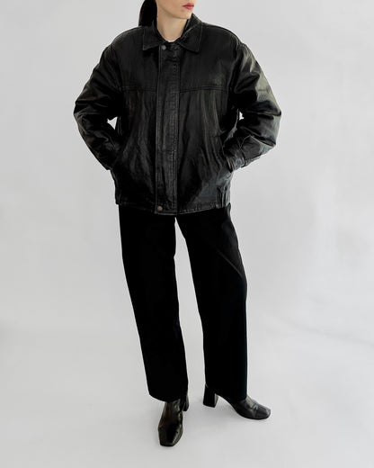 80s Black Leather Bomber Jacket