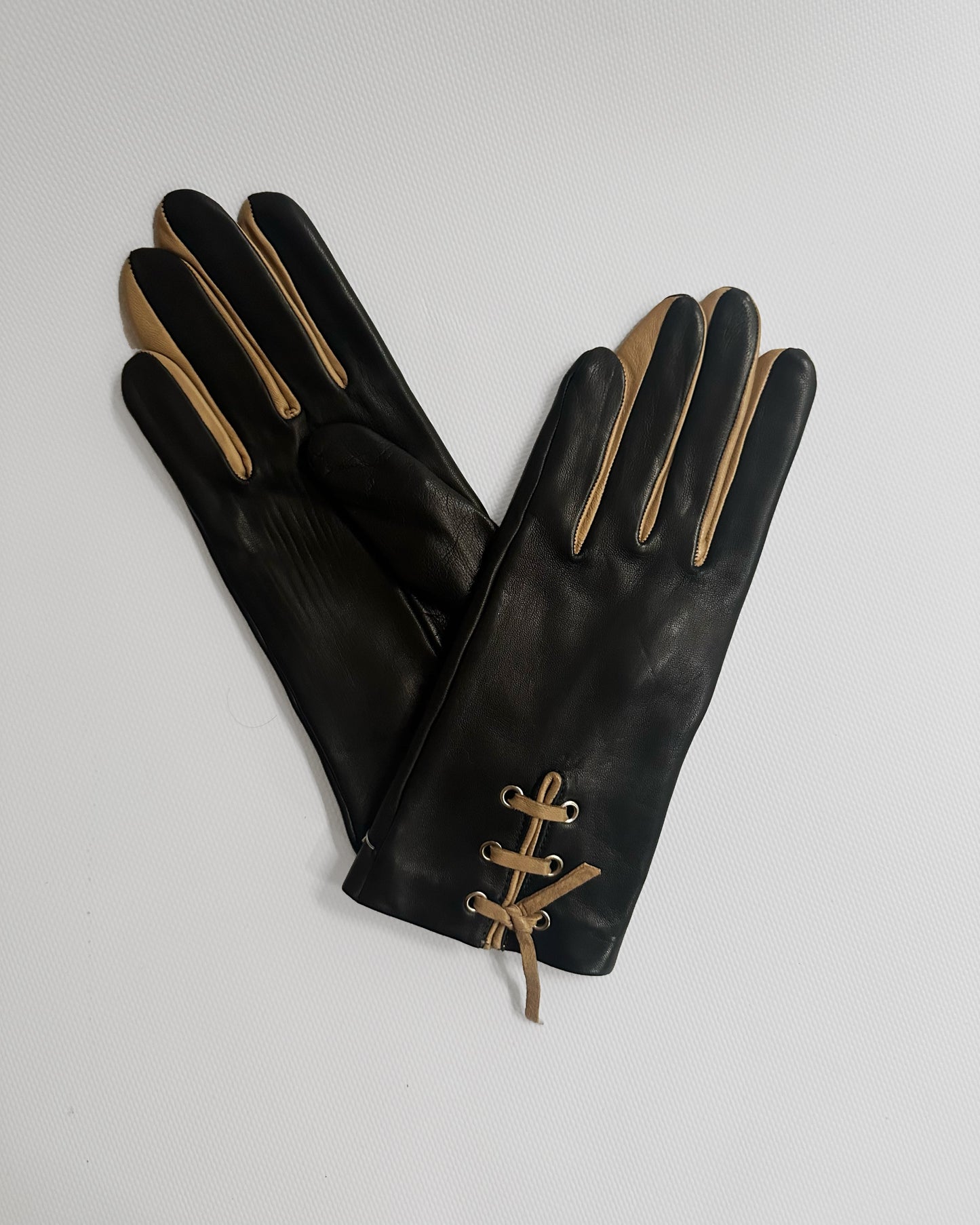 90s Black Beige Lace-Up Leather Gloves - Size 7, NOS