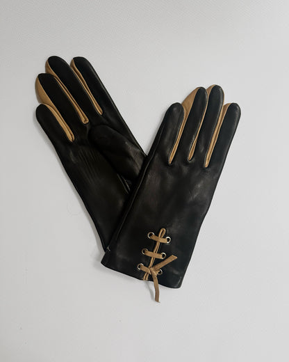 90s Black Beige Lace-Up Leather Gloves - Size 7, NOS