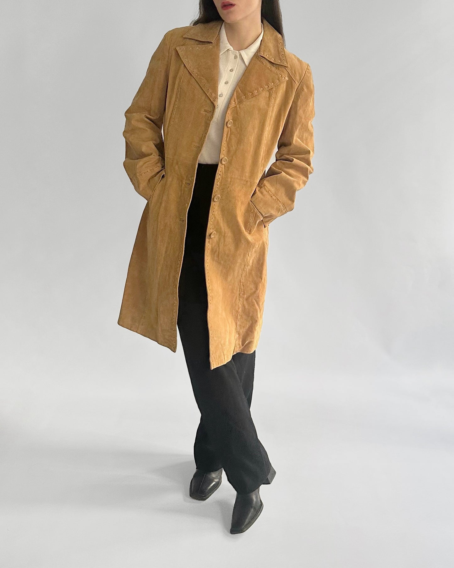 2000s Beige Suede Leather Coat