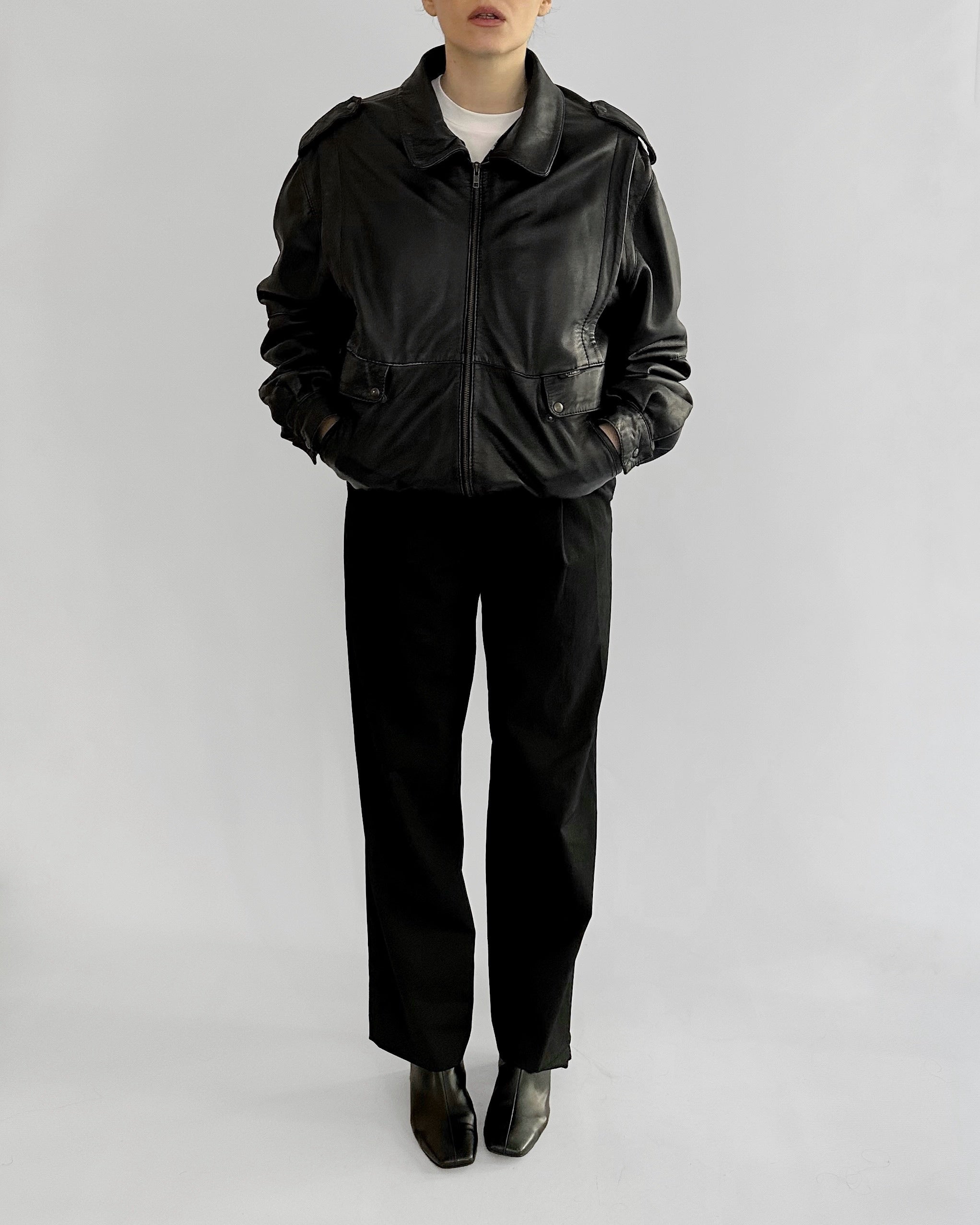 80s Black Lamb Leather Bomber Jacket – Made in Spain – Alba