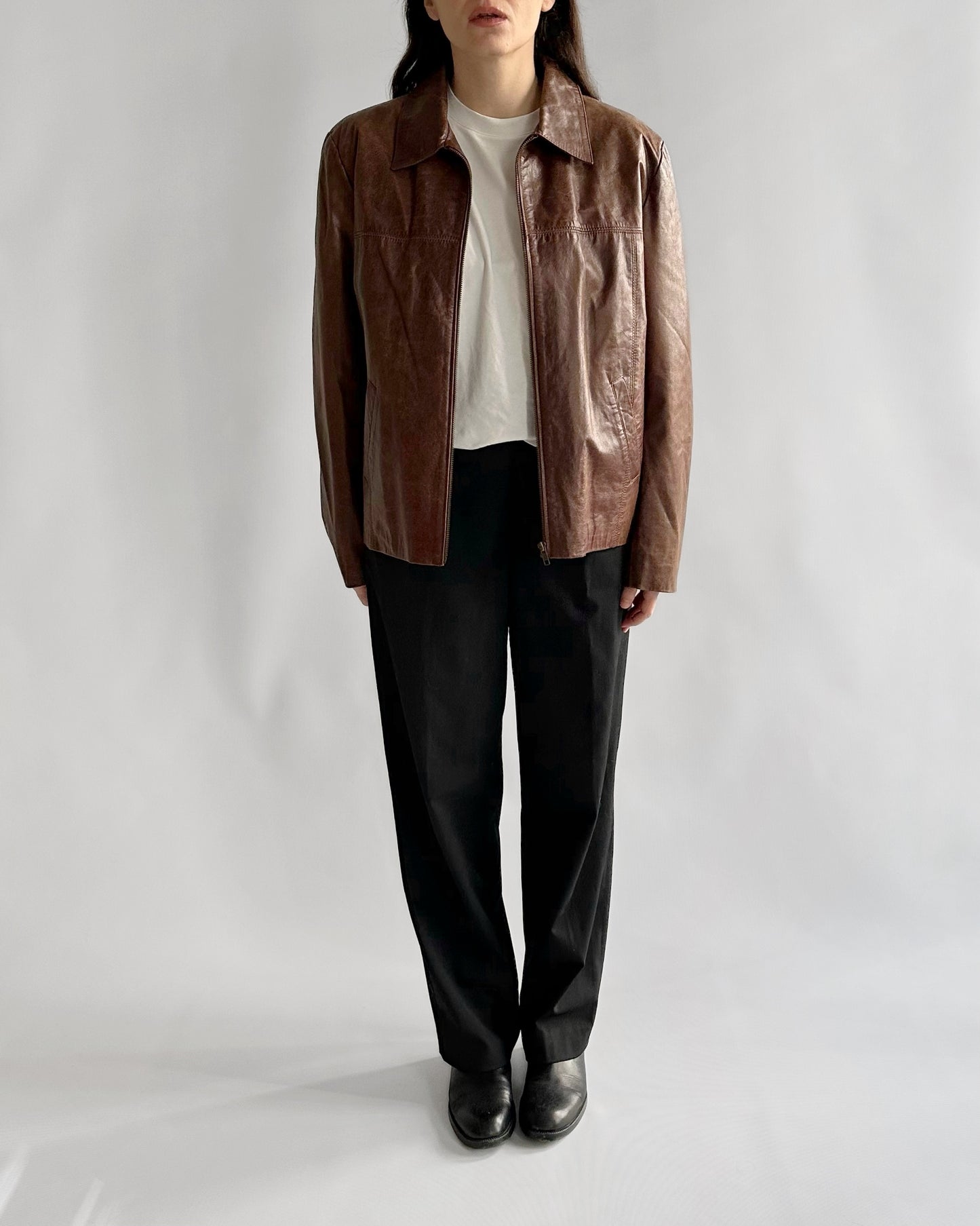 90s Brown Zip-Up Leather Jacket