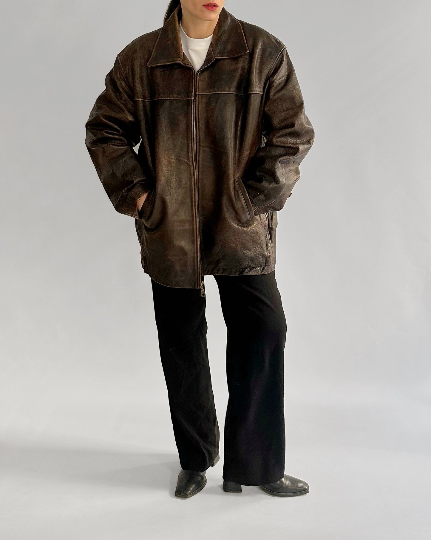 90s Oakwood Distressed Brown Leather Jacket