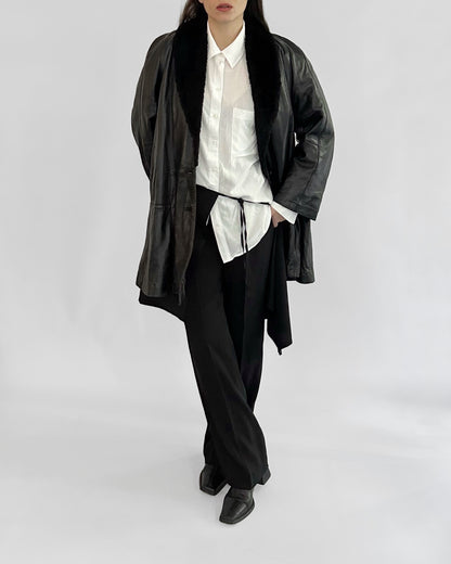 80s Black Leather Coat with Faux Fur Shawl Collar