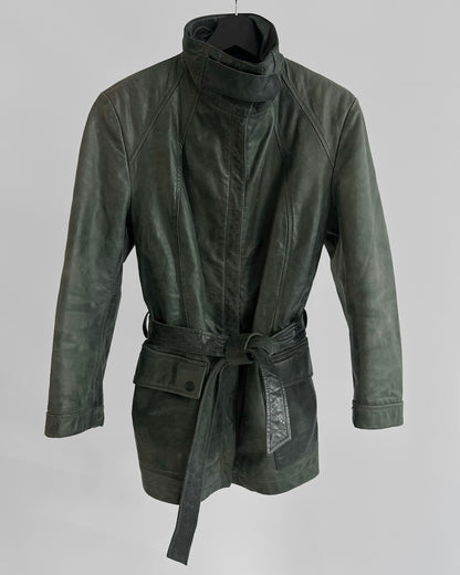 2000s Trussardi Grey-Green Distressed Leather Jacket – Limited Edition