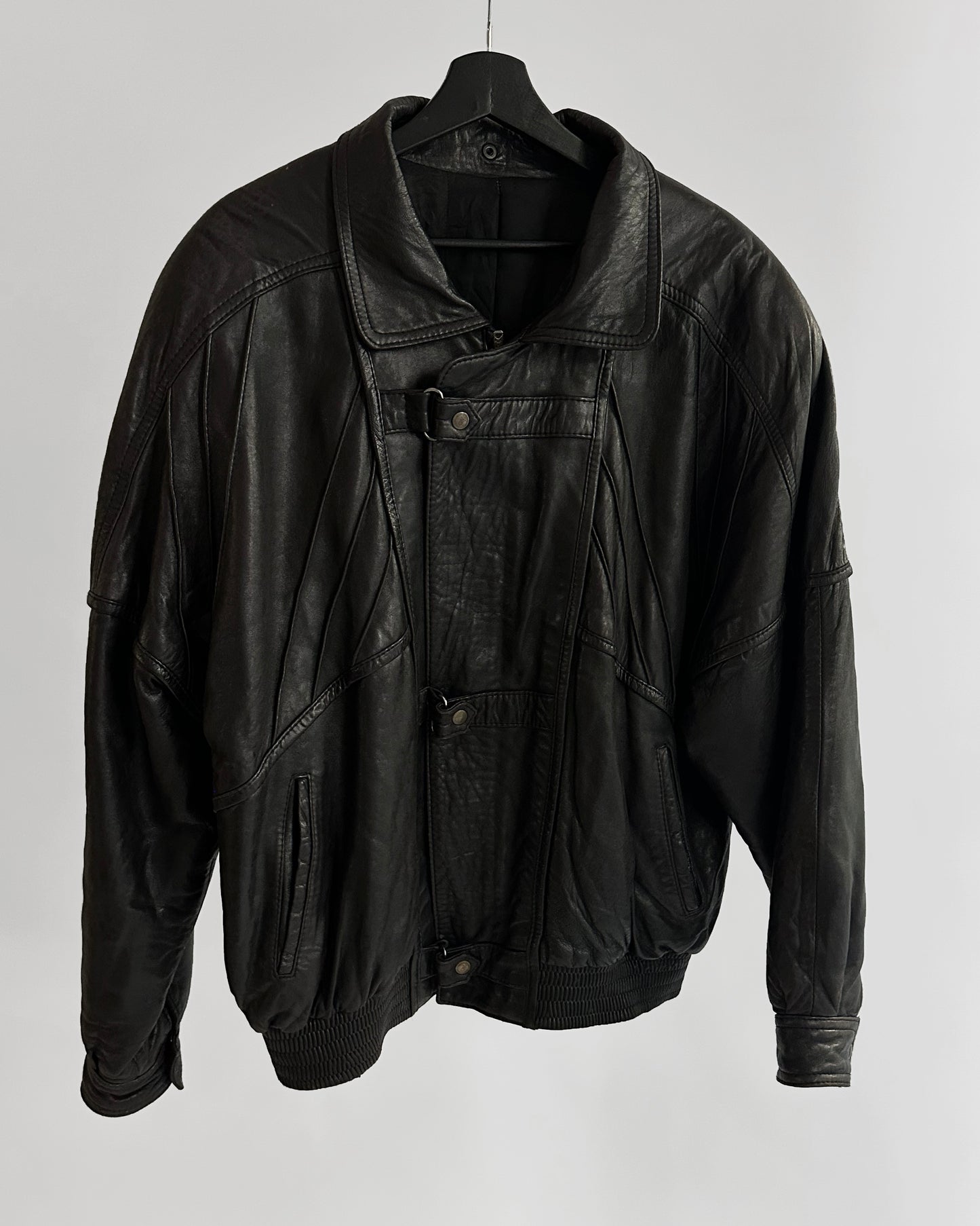 80s Black Leather Bomber Jacket