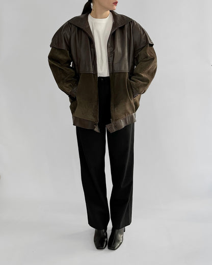80s Brown Green Sheepskin Suede Leather Jacket