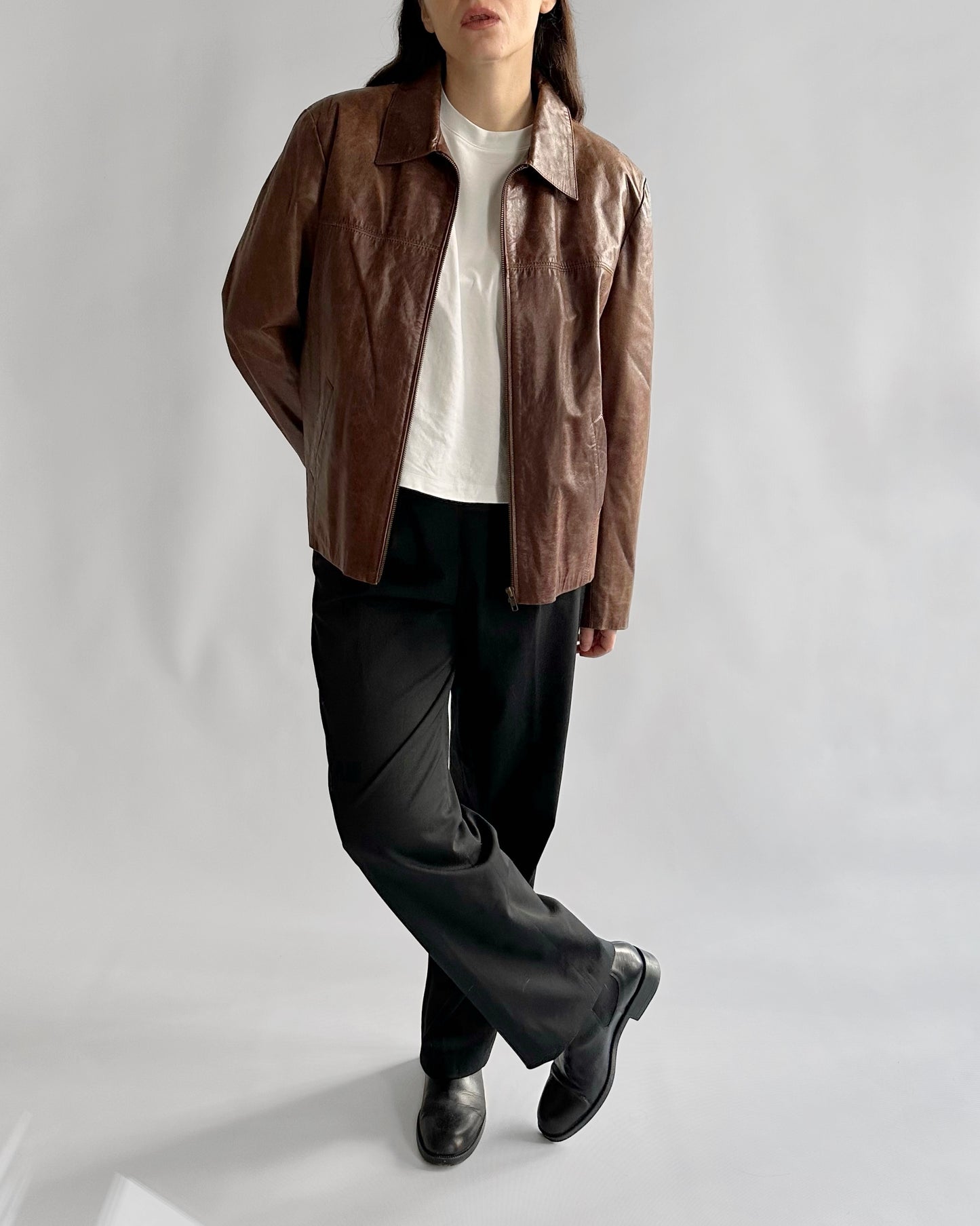 90s Brown Zip-Up Leather Jacket